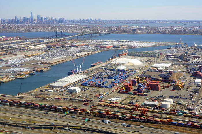 NEWARK, NJ -26 MAR 2019- View of the Port of Newark Elizabeth New Jersey and the NJ turnpike highway across from New York City.  The Port of New York and New Jersey is the busiest container port on the U.S. East Coast